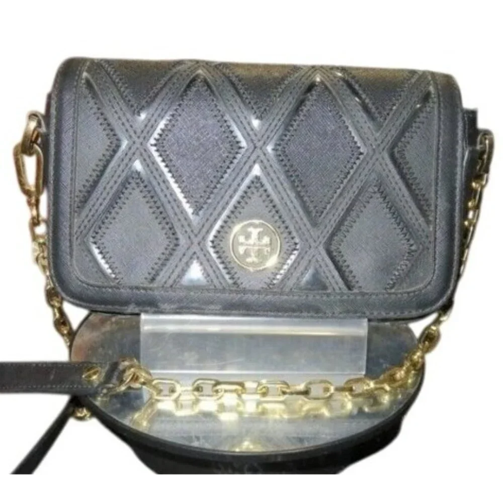 TORY BURCH Fleming Black Structured Quilted leather flap chain crossbody handbag